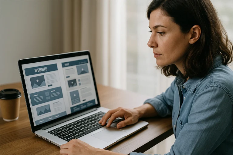 An Australian small business owner reviewing website mockups on a laptop with coffee nearby