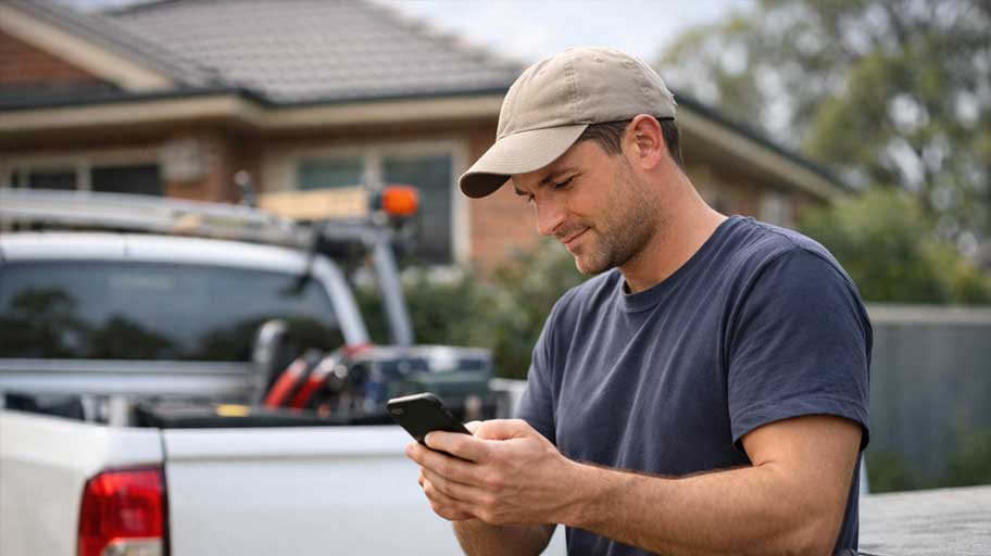 Tradesman-checking-phone-in-suburbia